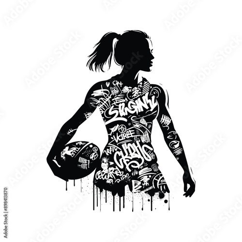 Rugby  female player in graffiti tags, street art pattern illustration, emblem shield badge