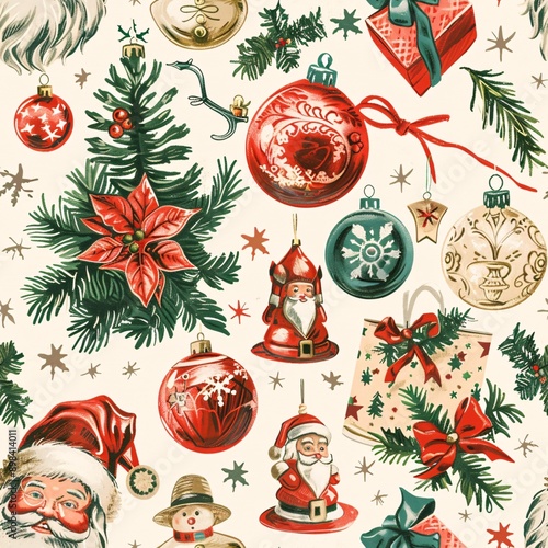 A seamless pattern displaying Christmas ornaments and wrapping paper with vintage Santa Claus illustrations, meticulously arranged