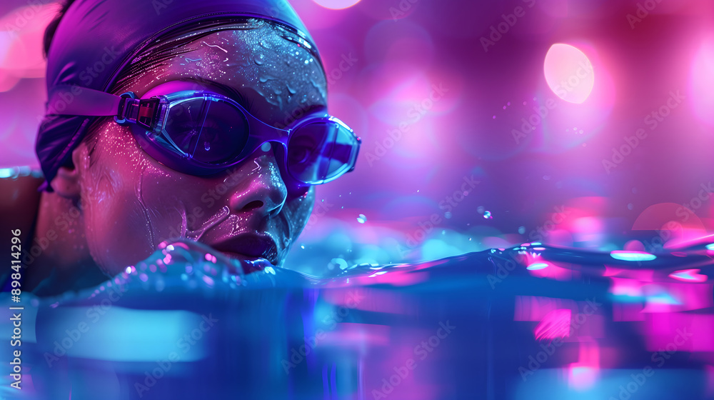 Head shot of a swimmer is swimming in the water vibrant purple background Head shot of a swimmer is swimming in the water vibrant purple background