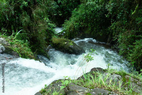 Quebrada Encarnación : beautiful river in the Andes Mountains of Jardin, Jardín, Antioquia, Colombia, near the cave of splendor or cueva del esplendor. Primary forest. Lush green tropical vegetation. photo