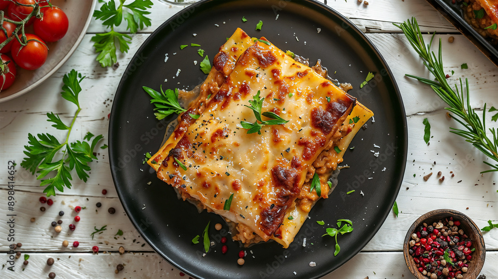 Meat lasagne decorated with greens on a black plate on a white wooden table. served with seasonings and tomatoes Meat lasagne decorated with greens on a black plate on a white wooden table. served with seasonings and tomatoes