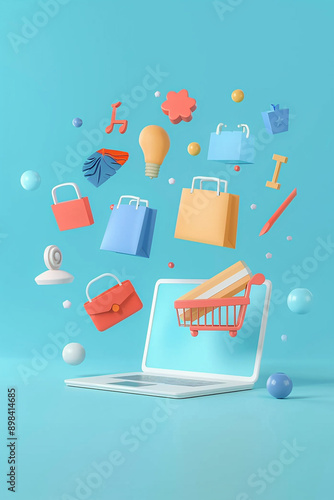 3D animated product icons emerging from a laptop screen, illustrating online retail marketing concepts, photo