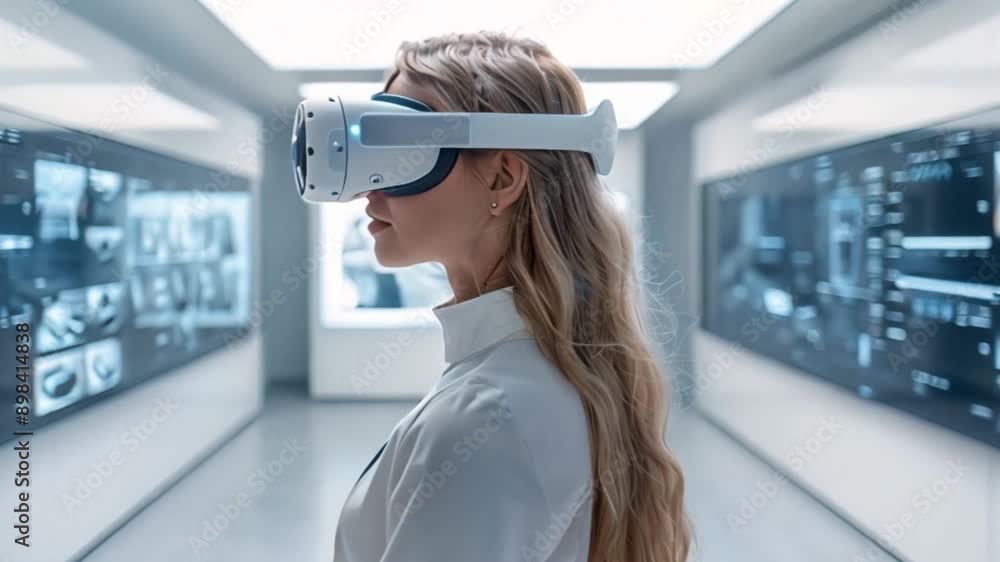 A woman wearing a VR headset stands in a futuristic office setting, with large digital displays behind her showcasing a virtual product presentation. A woman wearing a VR headset stands in a futuristic office setting, with large digital displays behind her showcasing a virtual product presentation.