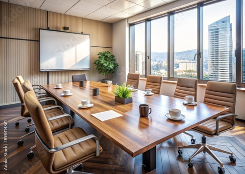 Empty meeting room with a large wooden table, chairs, and a whiteboard, surrounded by scattered financial reports, laptops, and coffee cups. © Caitlin