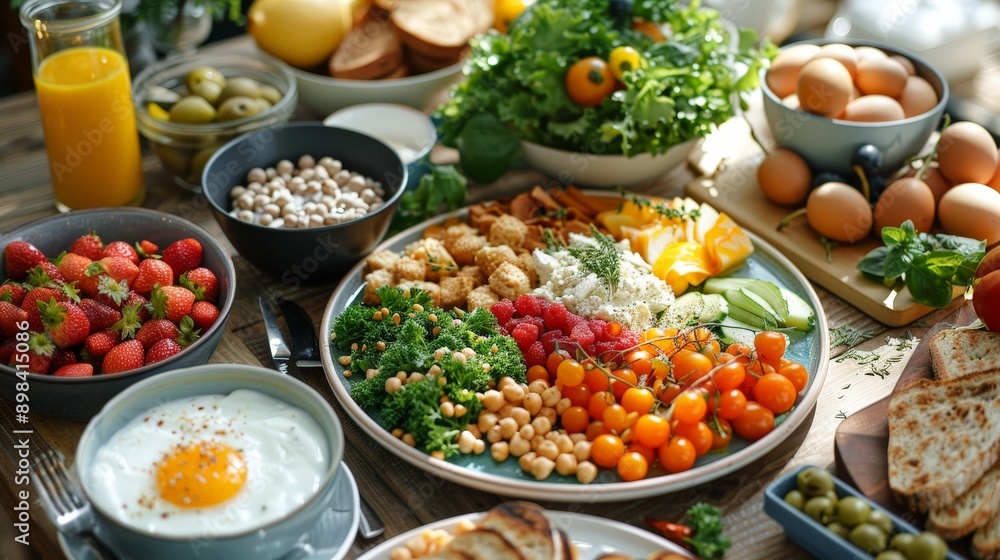 A table set with a variety of healthy foods A table set with a variety of healthy foods