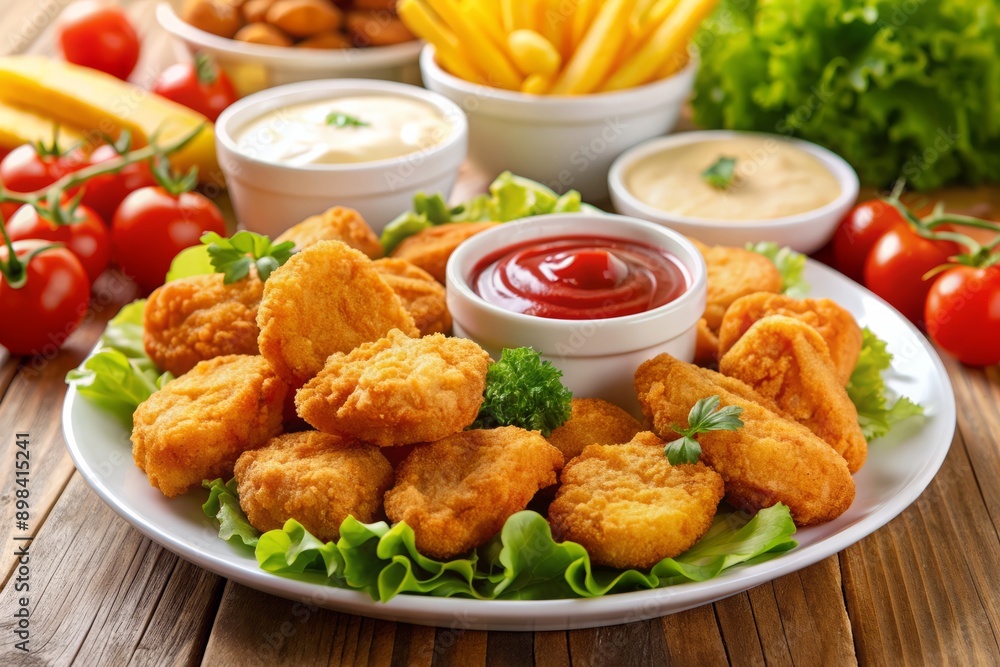 Golden crispy hand-breaded fried chicken nuggets scattered on a white plate, surrounded by dipping sauces, fresh veggies, and a side of crispy fries. Golden crispy hand-breaded fried chicken nuggets scattered on a white plate, surrounded by dipping sauces, fresh veggies, and a side of crispy fries.
