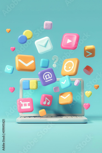 Floating online product icons from a laptop, representing multi-channel marketing in 3D animation, photo