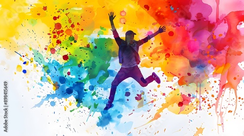 A person leaping with arms up is captured in a dynamic watercolor style, with bright and colorful splashes creating a sense of joy and energy on a white background