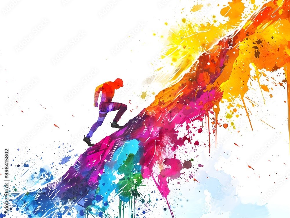 A vibrant watercolor illustration of a rock climber scaling a colorful cliff, with splashes of bright hues creating a dynamic and energetic scene on a white background