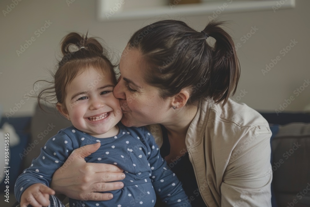 Cute mixed-race girl kissing her mom on the cheek at home. Warm, loving mother and daughter spending time together. Mother's Day pampering Cute mixed-race girl kissing her mom on the cheek at home. Warm, loving mother and daughter spending time together. Mother's Day pampering