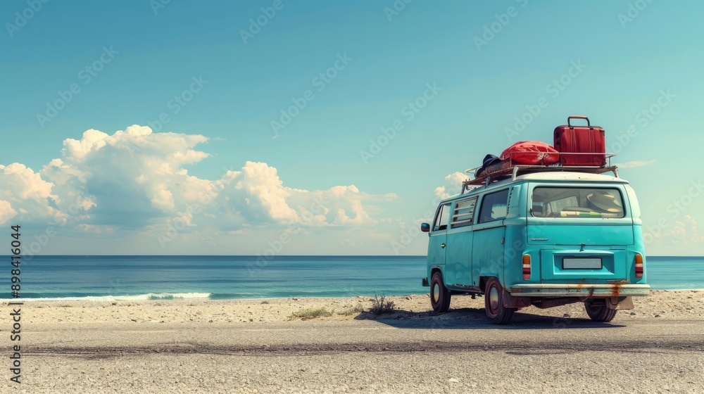 Fototapeta premium Vintage camper van parked on a sandy beach, overlooking the ocean.