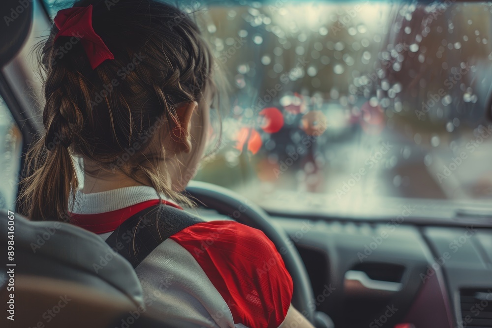Child in automobile, football player in car. Young Brazilian athlete fitness training, backseat game trip, and kid safety seat belt Child in automobile, football player in car. Young Brazilian athlete fitness training, backseat game trip, and kid safety seat belt