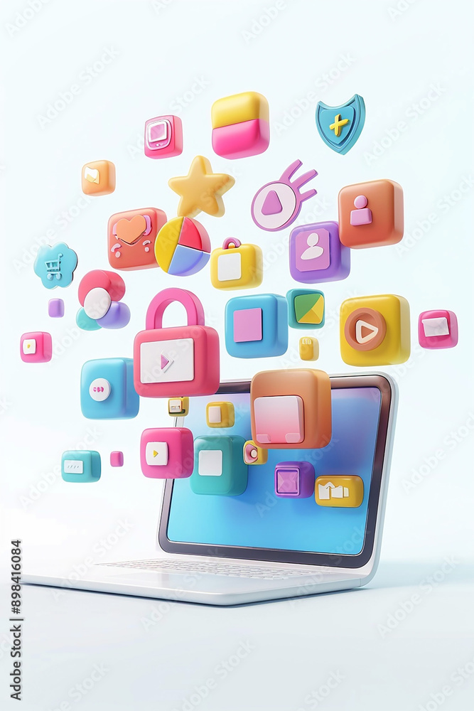 Floating online product icons from a laptop, representing multi-channel marketing in 3D animation, Floating online product icons from a laptop, representing multi-channel marketing in 3D animation,