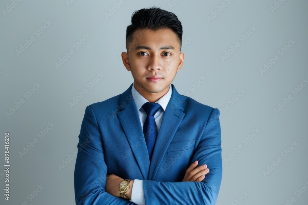 Studio image of businessman with arms crossed, serious face, ambition, or mindset on white background. Asian businessman, financial counselor, and corporate suit with style Studio image of businessman with arms crossed, serious face, ambition, or mindset on white background. Asian businessman, financial counselor, and corporate suit with style