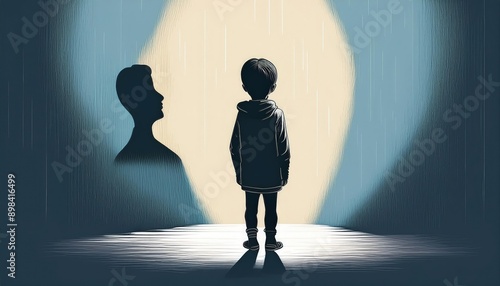 spectrophobia illustration. vector illustration of a small child who is afraid of his own shadow. Sciophobia photo