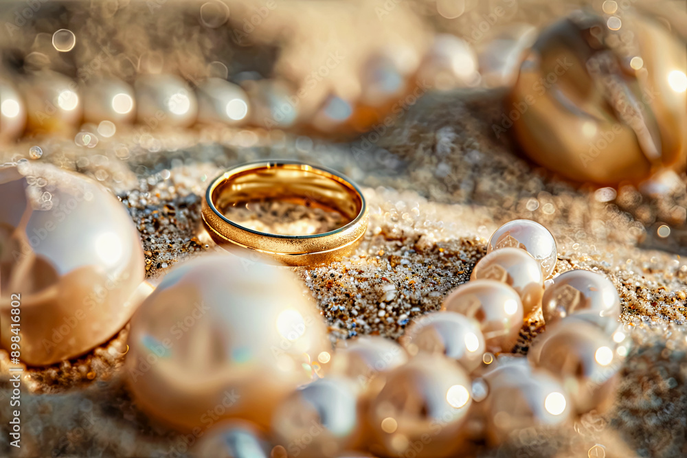 Classic gold wedding band, surrounded by shimmering pearls, artfully captures essence of eternal commitment amidst sunlit sparkle of sandy beach Classic gold wedding band, surrounded by shimmering pearls, artfully captures essence of eternal commitment amidst sunlit sparkle of sandy beach