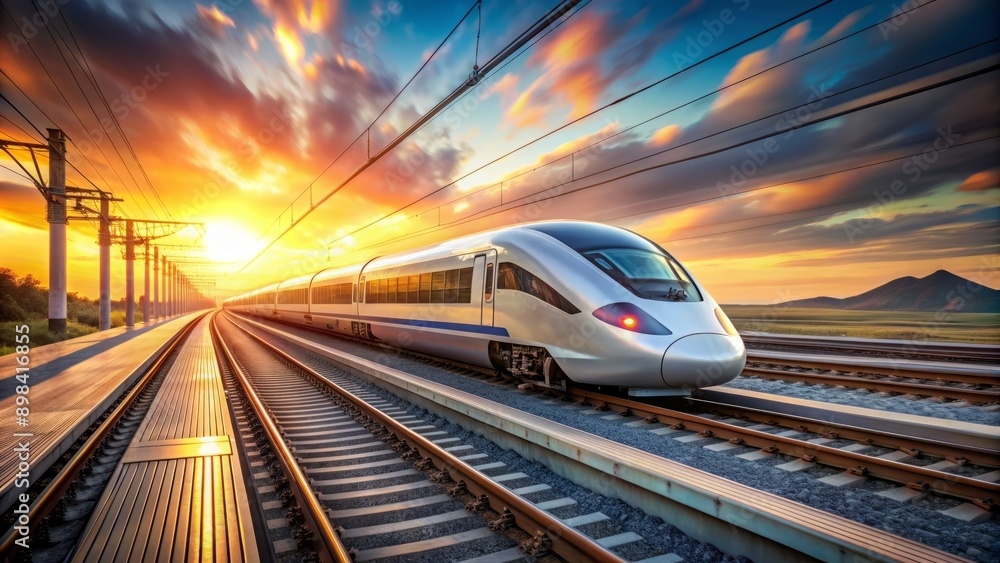 Naklejka premium Dynamic high-speed train zooms past railway station at sunset, its sleek modern design and blurred motion conveying velocity and modernity on the platform.