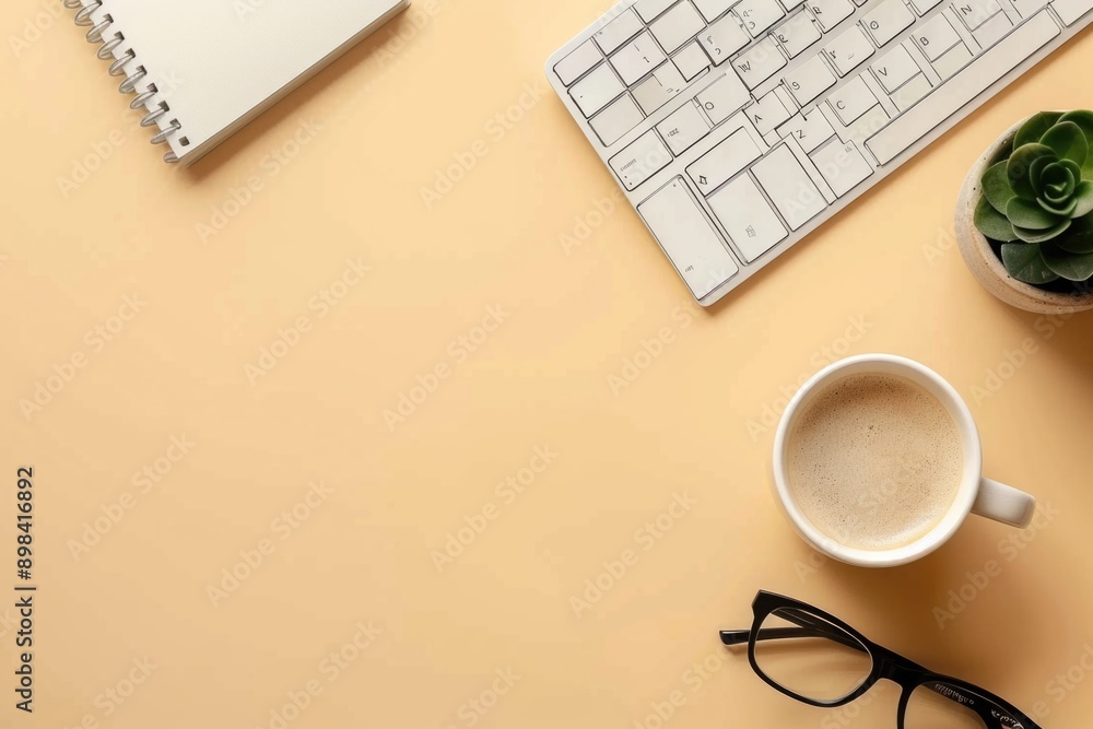 Top view of office desk with keyboard, notebook and coffee cup on beige background Top view of office desk with keyboard, notebook and coffee cup on beige background