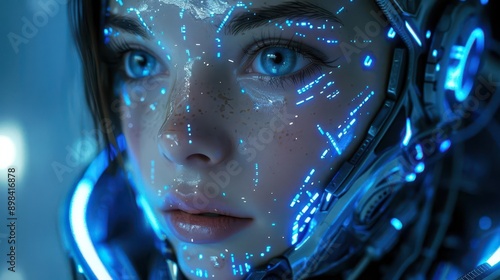 hyperrealistic female android intricate facial details luminous eyes sleek metallic skin futuristic backdrop subtle blue lighting © furyon
