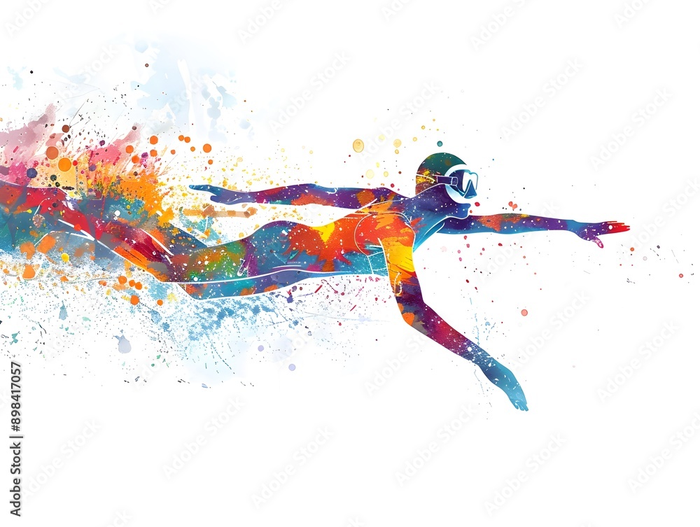 Obraz premium illustration of a woman diving and swimming gracefully, painted in a vibrant watercolor style with colorful splashes highlighting the fluidity and movement on a white background.
