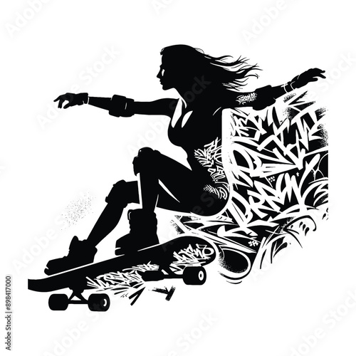 Skateboarding, longboarding  female player in graffiti tags, street art pattern illustration, emblem shield badge