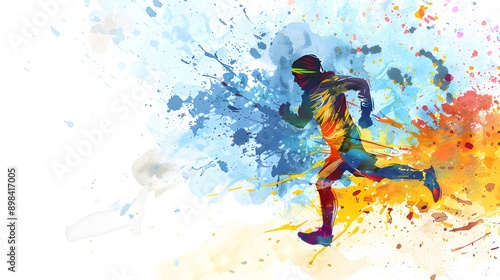 watercolor illustration features a runner in mid-stride, with bold splashes of blue, orange, and yellow hues adding to the intensity of the scene on a white background.