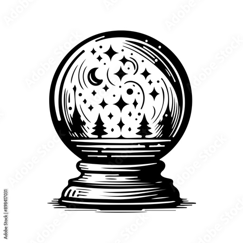 Mystical magic ball, crystal ball, witch ball, fortune telling, Magic Celestial Silhouette Tattoo design.