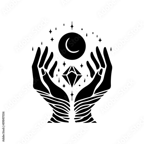 Magic crystal gem with crescent moon and stars in witch hands of fortune teller line art and dot work. Boho chic tattoo, poster or altar veil print design vector illustration