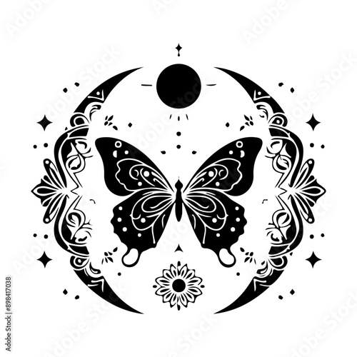 Bohemian Celestial  butterfly tattoo, Silhouette Mystical occult symbols moth illustration.