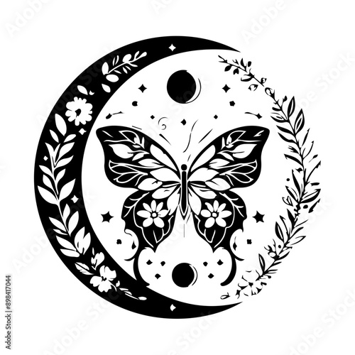 Bohemian Celestial  butterfly tattoo, Silhouette Mystical occult symbols moth illustration.