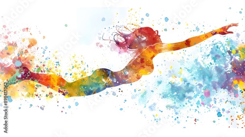 illustration of a woman diving and swimming gracefully, painted in a vibrant watercolor style with colorful splashes highlighting the fluidity and movement on a white background.