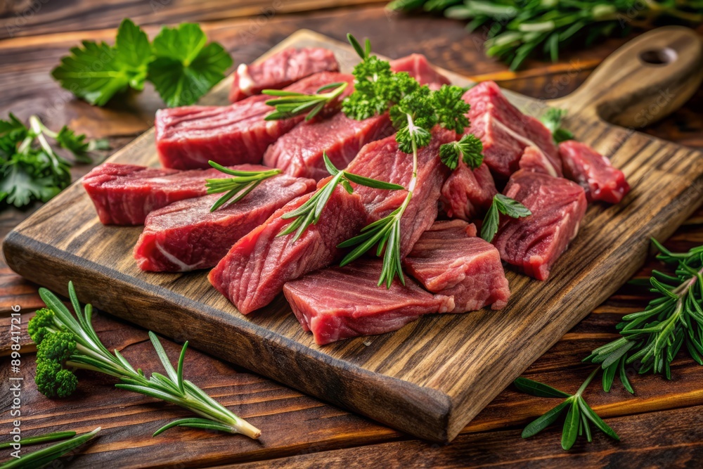Freshly cut halal beef strips arranged on a rustic wooden butcher's block, surrounded by scattered parsley leaves and a few sprigs of rosemary, in warm light. Freshly cut halal beef strips arranged on a rustic wooden butcher's block, surrounded by scattered parsley leaves and a few sprigs of rosemary, in warm light.