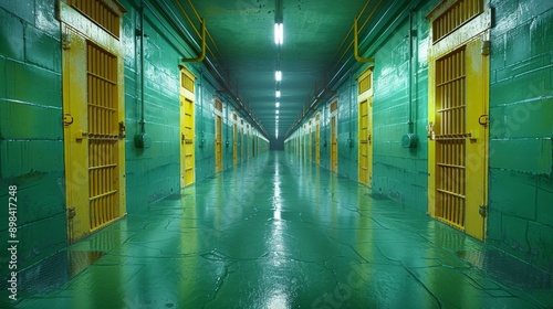 Empty jail cell block with green walls and yellow bars stretches out in a long corridor, highlighting themes of confinement, isolation, and punishment photo