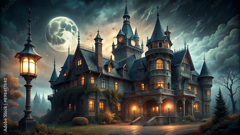Ominous Gothic mansion looms in darkness, turrets and spires reaching towards moonlit sky, shadows cast by flickering lanterns, eerie atmosphere pervades the abandoned estate. Ominous Gothic mansion looms in darkness, turrets and spires reaching towards moonlit sky, shadows cast by flickering lanterns, eerie atmosphere pervades the abandoned estate.