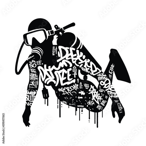 Diving, scuba female player in graffiti tags, street art pattern illustration, emblem shield badge