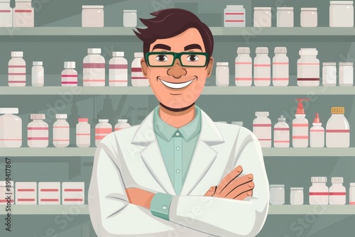 Smiling Pharmacist Standing In Front Of Medicine Shelves