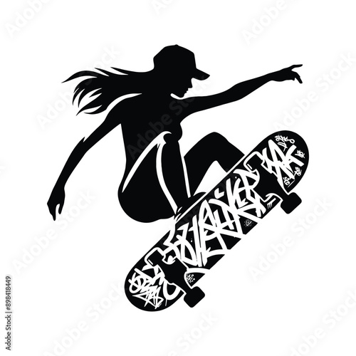 Skateboarding, longboarding  female player in graffiti tags, street art pattern illustration, emblem shield badge