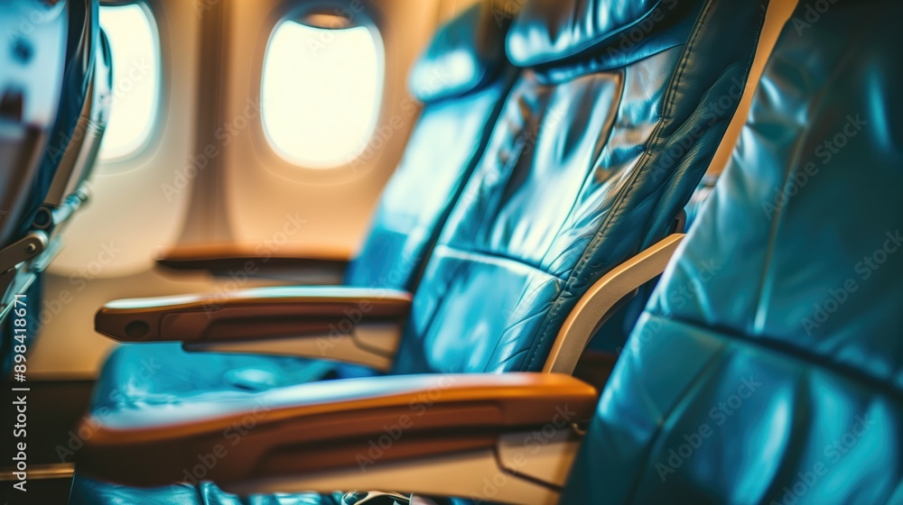 Fototapeta premium Business class seats on an airplane. Comfortable, cozy seats. No people. Horizontal format.