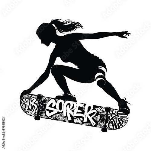 Skateboarding, longboarding  female player in graffiti tags, street art pattern illustration, emblem shield badge