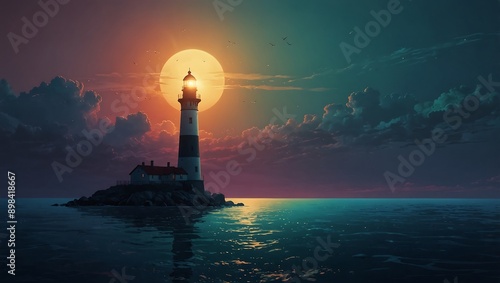 Gradient ocean scene with a lighthouse