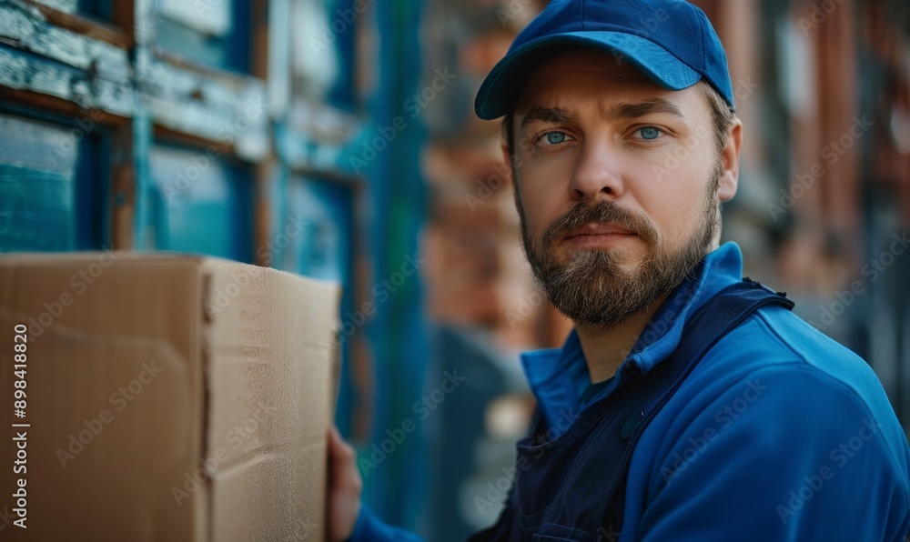 Delivery man employee in blue cap and blue uniform hold empty cardboard box Delivery man employee in blue cap and blue uniform hold empty cardboard box