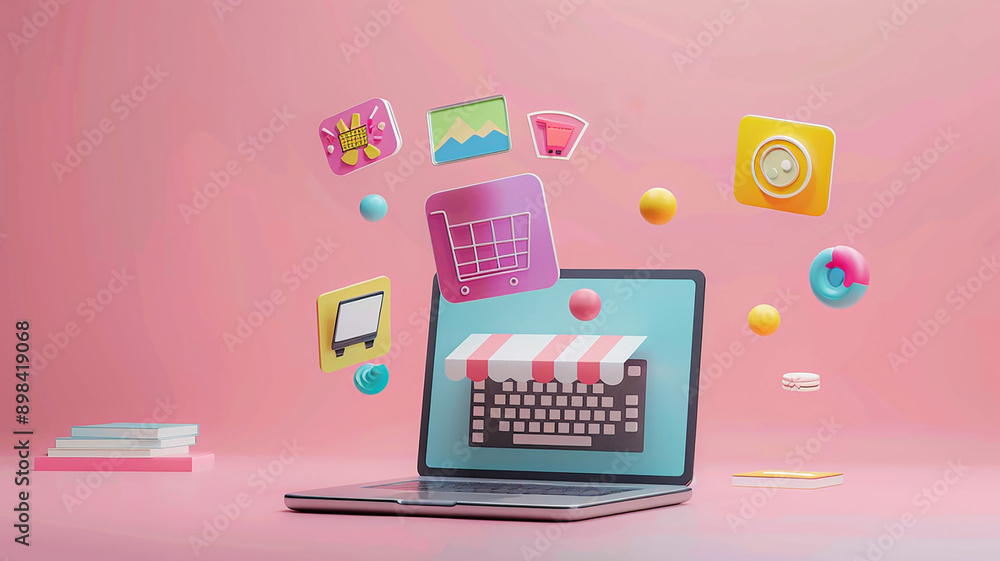 Online product icons floating off laptop screen, multi-channel marketing for online retail businesses and digital apps, 3D animation render, Online product icons floating off laptop screen, multi-channel marketing for online retail businesses and digital apps, 3D animation render,