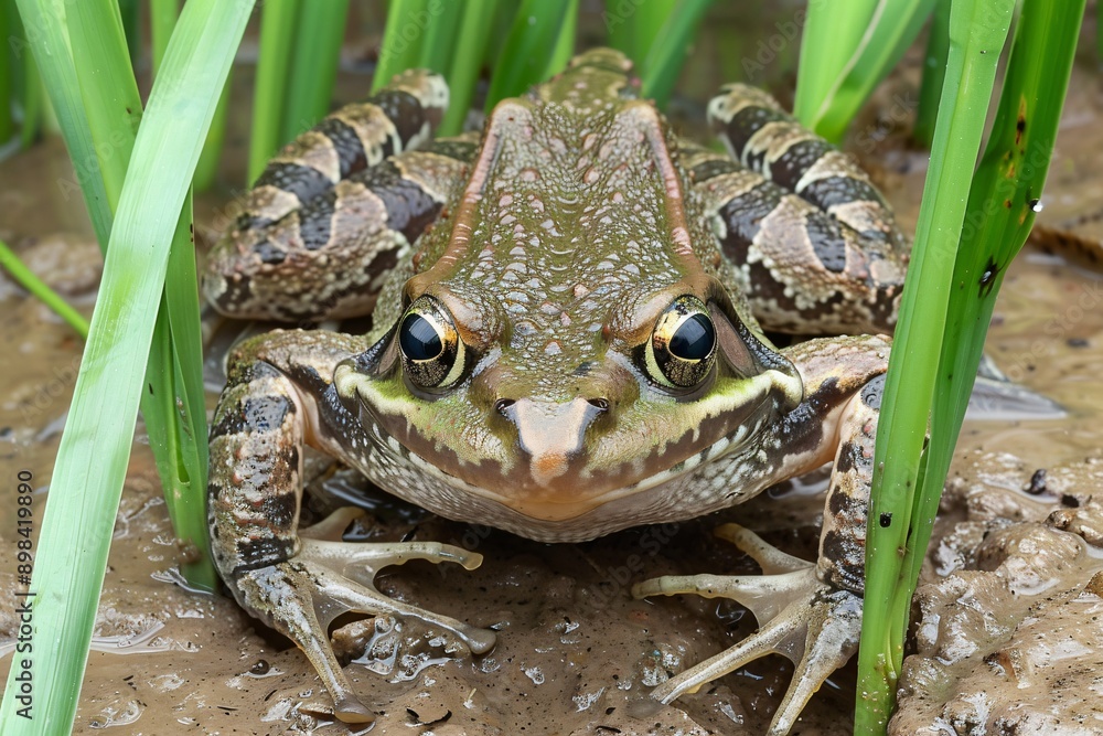 Fototapeta premium Close-up of a Green Rugosed frog , Hoplobatrachus rugulosus in a Grassy Marsh
