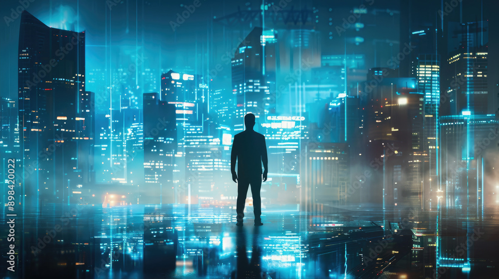 Silhouette of Businessman Overlooking Night Cityscape Silhouette of Businessman Overlooking Night Cityscape