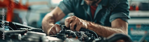 A mechanic works diligently on a vehicle, focusing on intricate wiring and components in a well-equipped workshop environment