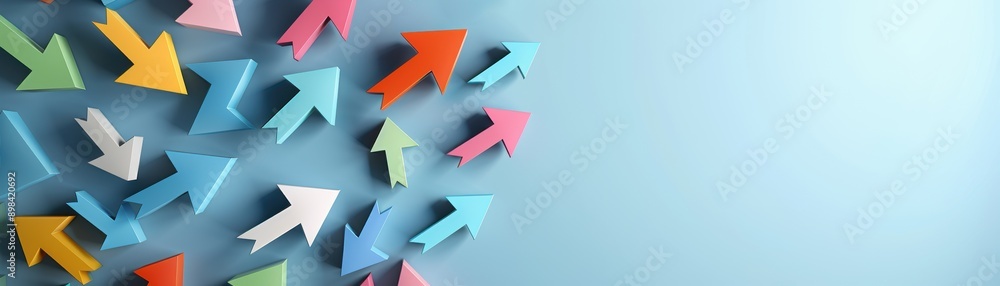 A vibrant array of colorful paper arrows pointing in various directions against a soft blue background, symbolizing direction and growth A vibrant array of colorful paper arrows pointing in various directions against a soft blue background, symbolizing direction and growth