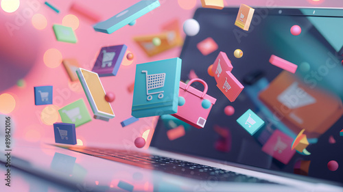 Digital marketing and e-commerce, 3D animation of product icons flying from a laptop, photo