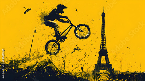 Cycling BMX: A minimalistic illustration of a BMX rider performing a trick with the Eiffel Tower in the background on a yellow background.


