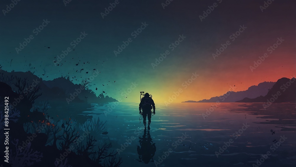 Fototapeta premium Gradient ocean scene with a scuba diver
