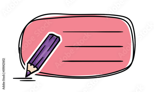 Bright school sticker with pencil and place for text. Simple vector label for notebook, textbook, diary. School, learning, education concept